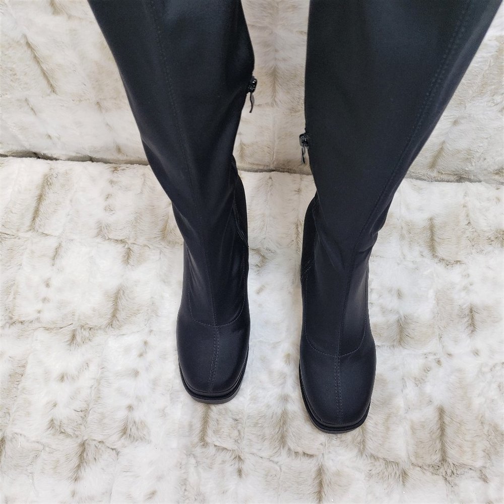 ☆ Stacked Black Stretch Leatherette Thigh High Chunky Heel Double Platform Boots - Picture 8 of 10